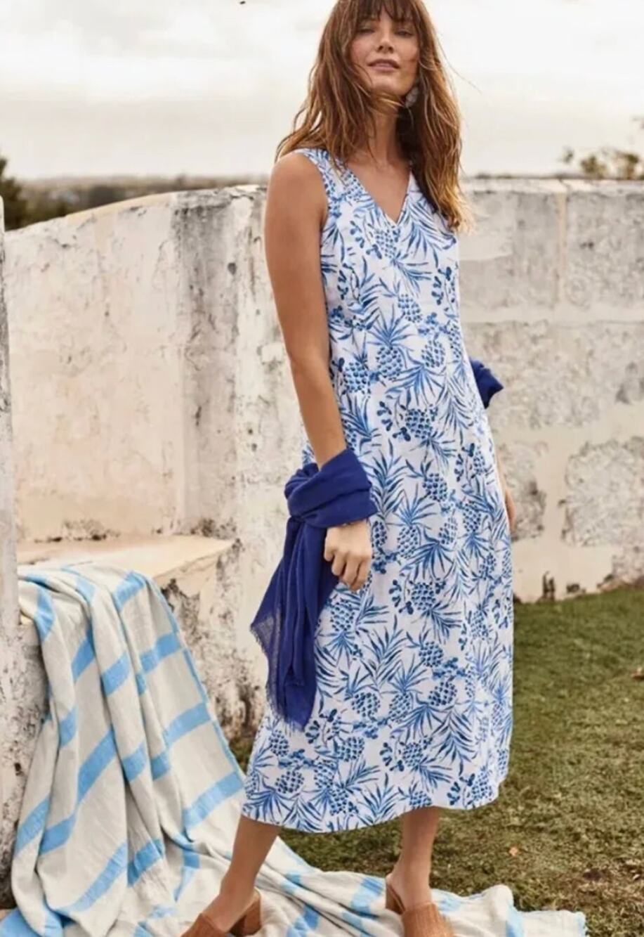 J. Jill Womens M White Blue Love Linen Pineapple Palm Midi Dress NEW